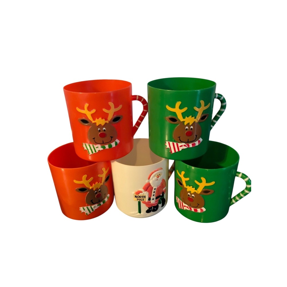 Vintage Christmas Kids Mugs Reindeer Santa Plastic Holiday Drinkware Set